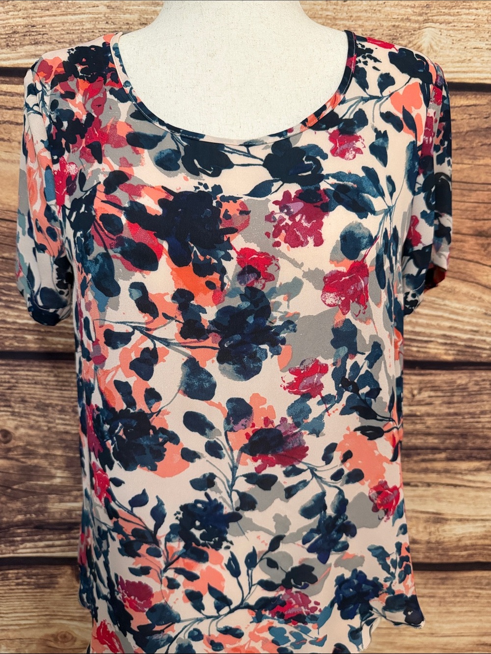 Spense Navy, Coral & Pink Floral Scoop Neck Top